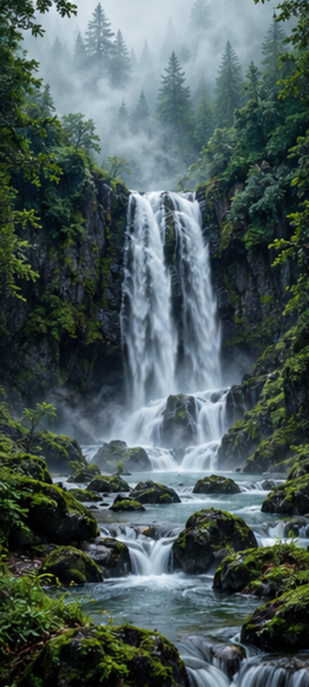 Misty Forest Waterfall Wallpaper free download