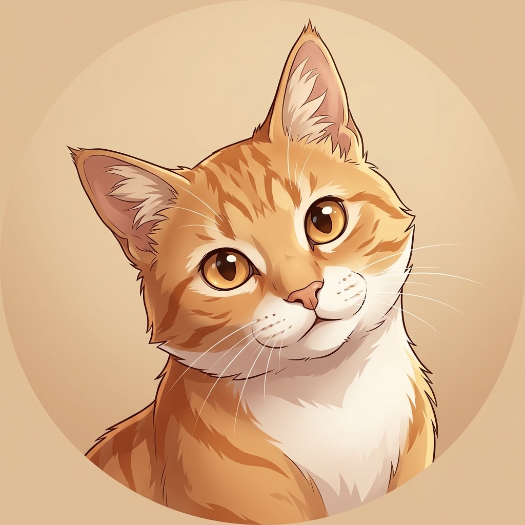 An original ginger tabby cat with large amber eyes and white cheeks, inquisitive head tilt, warm beige background