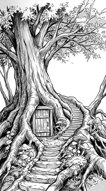 An enormous ancient tree with a tiny closed wooden door among its roots, mushrooms and winding steps, whimsical ink fantasy