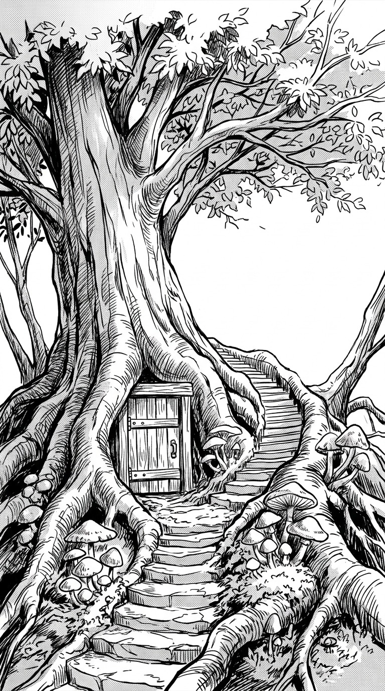 An enormous ancient tree with a tiny closed wooden door among its roots, mushrooms and winding steps, whimsical ink fantasy