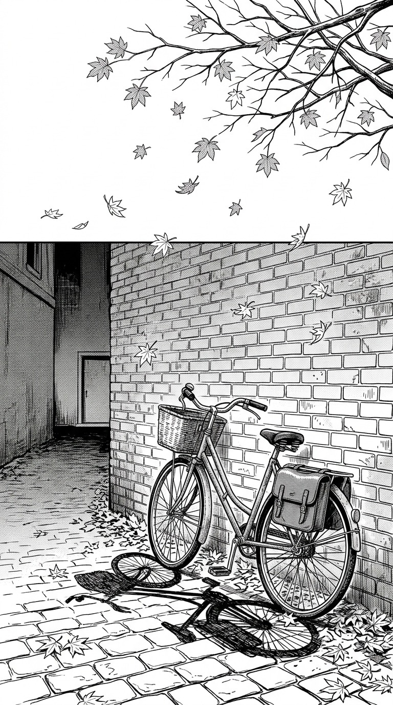 An old bicycle leaning against a brick wall beneath falling maple leaves, quiet alley perspective, delicate crosshatching