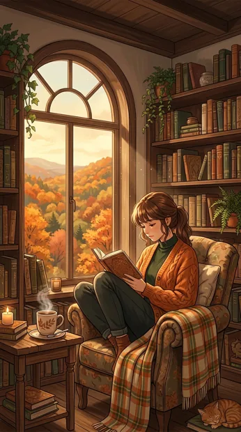 A cozy book-filled room with an arched window overlooking orange autumn trees, steaming tea and warm sunbeams, peaceful reading atmosphere