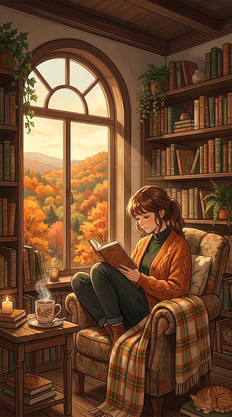 A cozy book-filled room with an arched window overlooking orange autumn trees, steaming tea and warm sunbeams, peaceful reading atmosphere