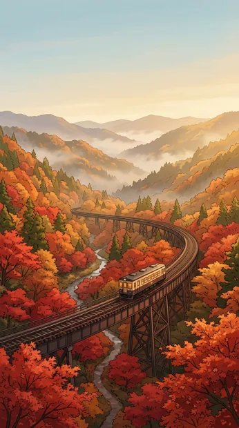 A curved railway bridge through a deep red maple valley, small cream-colored train, layered mountain mist and golden autumn light