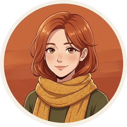 An original adult woman with auburn hair and freckles, mustard knitted scarf, soft smile, burnt-orange background