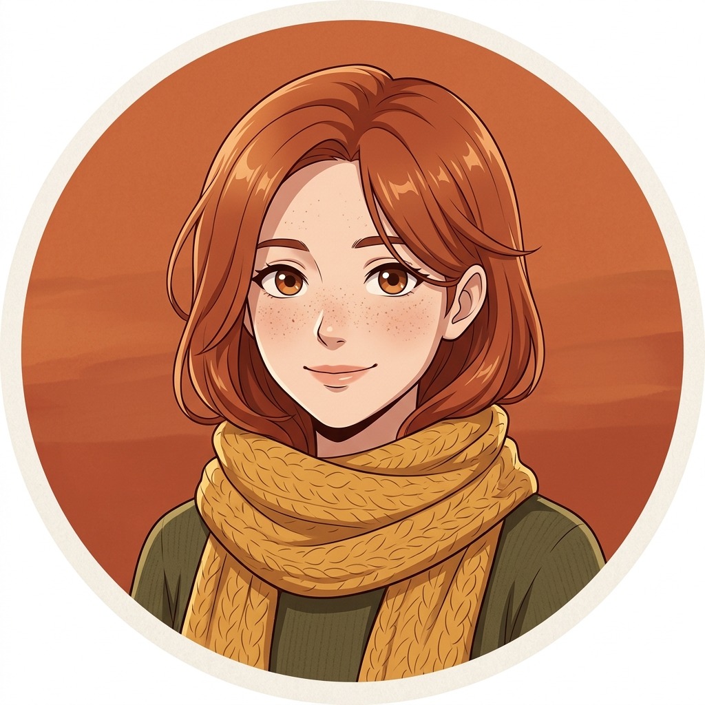 An original adult woman with auburn hair and freckles, mustard knitted scarf, soft smile, burnt-orange background