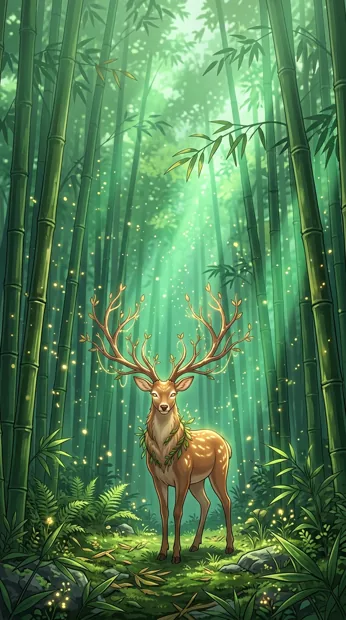 A gentle original deer-like forest spirit with branching antlers standing among towering bamboo, green shafts of light and drifting pollen