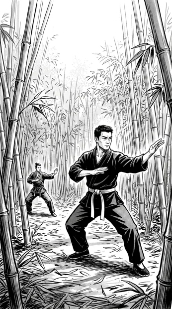 Two original adult martial artists practicing peaceful forms at a distance among tall bamboo, no combat injury, expressive shadows
