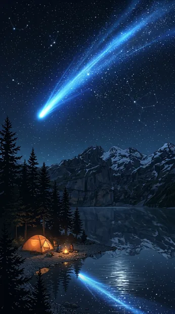 A bright blue comet over an alpine lake, pine silhouettes and a small tent on the shore, enormous clear night sky, silver reflections