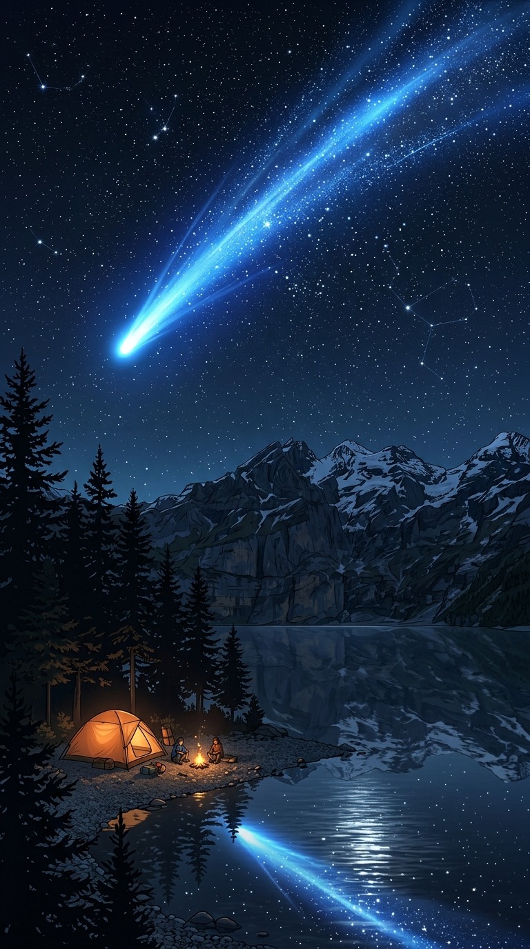 A bright blue comet over an alpine lake, pine silhouettes and a small tent on the shore, enormous clear night sky, silver reflections