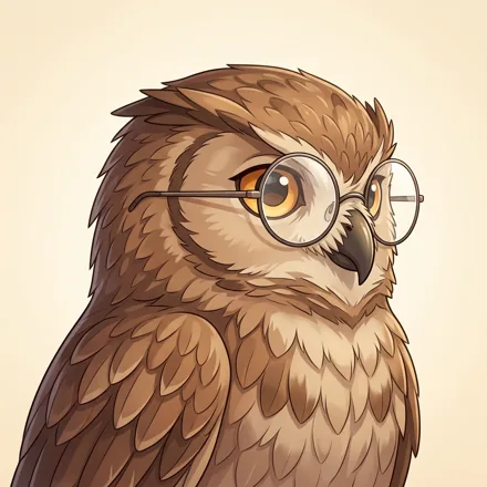 An original small brown owl wearing round plain spectacles, expressive golden eyes and neat feathers, warm cream background