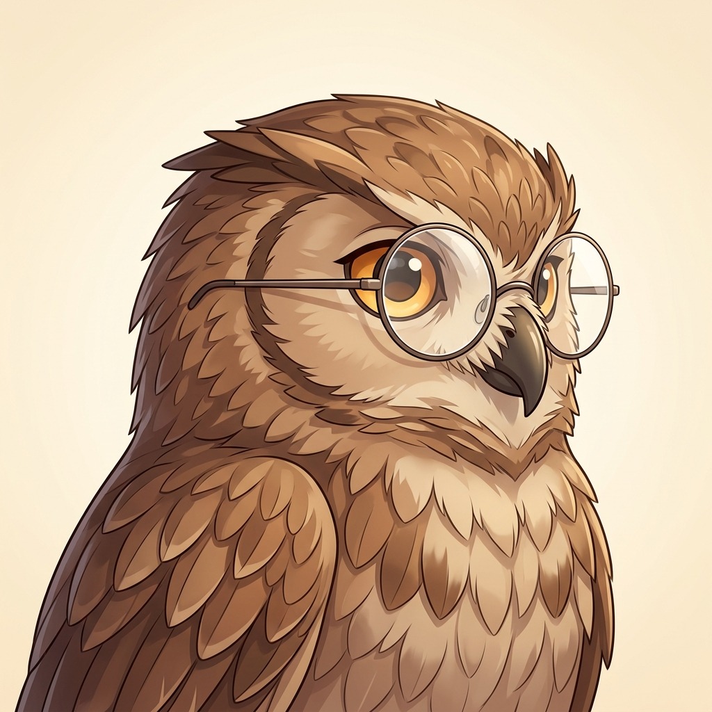 An original small brown owl wearing round plain spectacles, expressive golden eyes and neat feathers, warm cream background