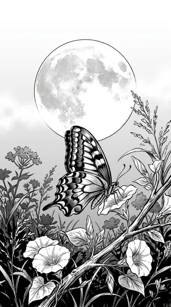 An original large patterned butterfly resting on a branch, full moon behind distant flowers, elegant fine-line botanical composition