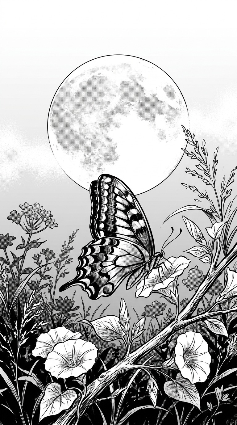 An original large patterned butterfly resting on a branch, full moon behind distant flowers, elegant fine-line botanical composition