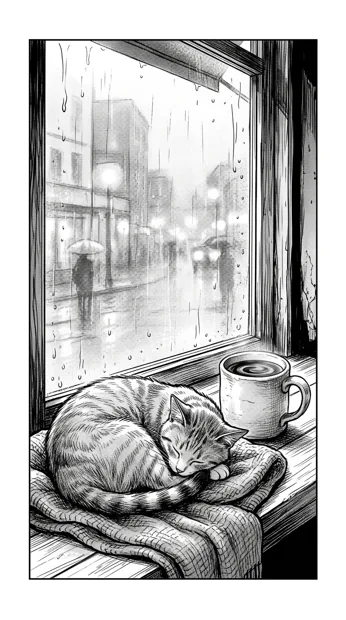 A sleeping cat curled beside a ceramic cup in a cafe window, rain and a quiet street outside, intimate finely hatched scene