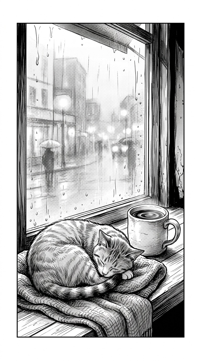 A sleeping cat curled beside a ceramic cup in a cafe window, rain and a quiet street outside, intimate finely hatched scene