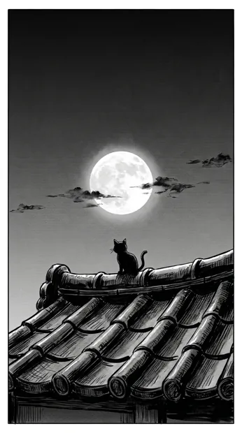 A small black cat perched on curved roof tiles beneath a luminous full moon, sparse cloud shapes and strong negative space