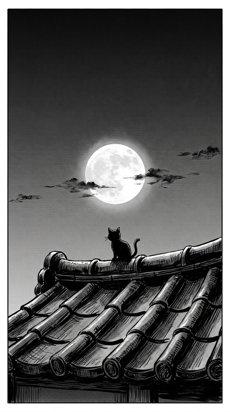 A small black cat perched on curved roof tiles beneath a luminous full moon, sparse cloud shapes and strong negative space
