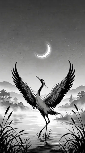 An elegant crane spreading its wings over misty water beneath a crescent moon, long curved lines and clean dark silhouettes