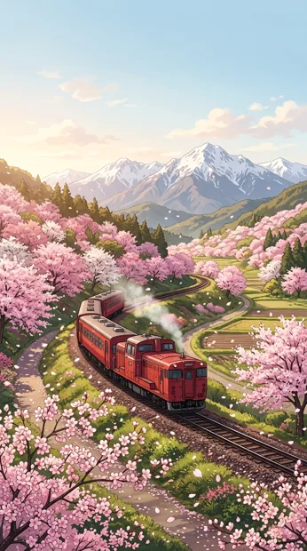 A small red countryside train curving through a valley of pink cherry blossoms, falling petals and distant snowy peaks, warm spring afternoon