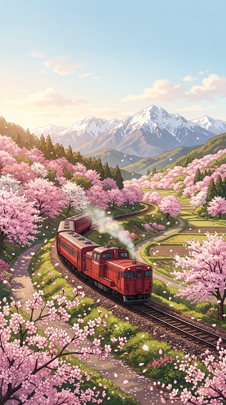 A small red countryside train curving through a valley of pink cherry blossoms, falling petals and distant snowy peaks, warm spring afternoon