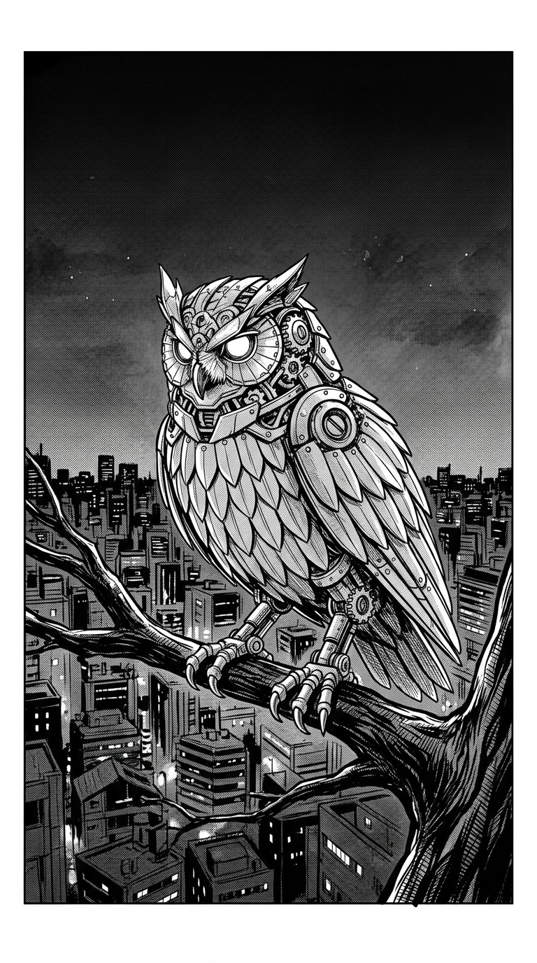 An original mechanical owl with layered feather-shaped metal plates, perched on a branch above a city, intricate gears without branding