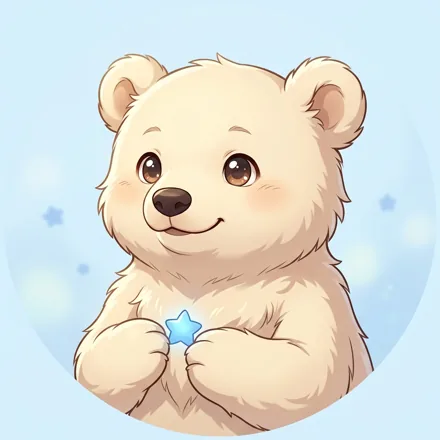 An original fluffy cream bear cub holding a tiny blue star near its chest, happy round face, pale sky-blue background