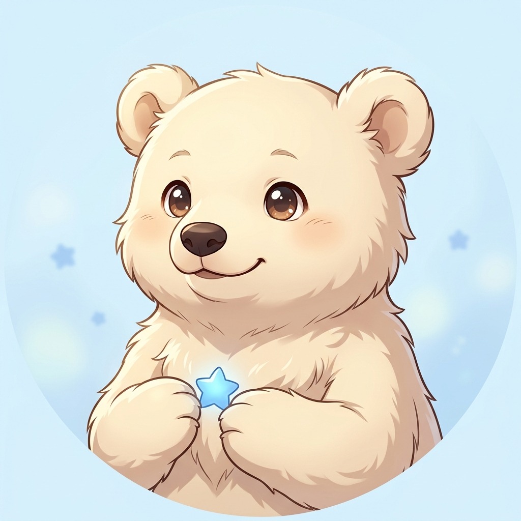 An original fluffy cream bear cub holding a tiny blue star near its chest, happy round face, pale sky-blue background