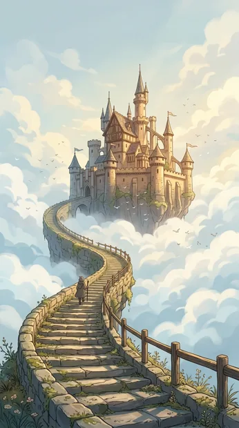 A curved stone stairway rising toward an original castle floating among pale clouds, tiny birds and soft gold sunlight, fairytale scale