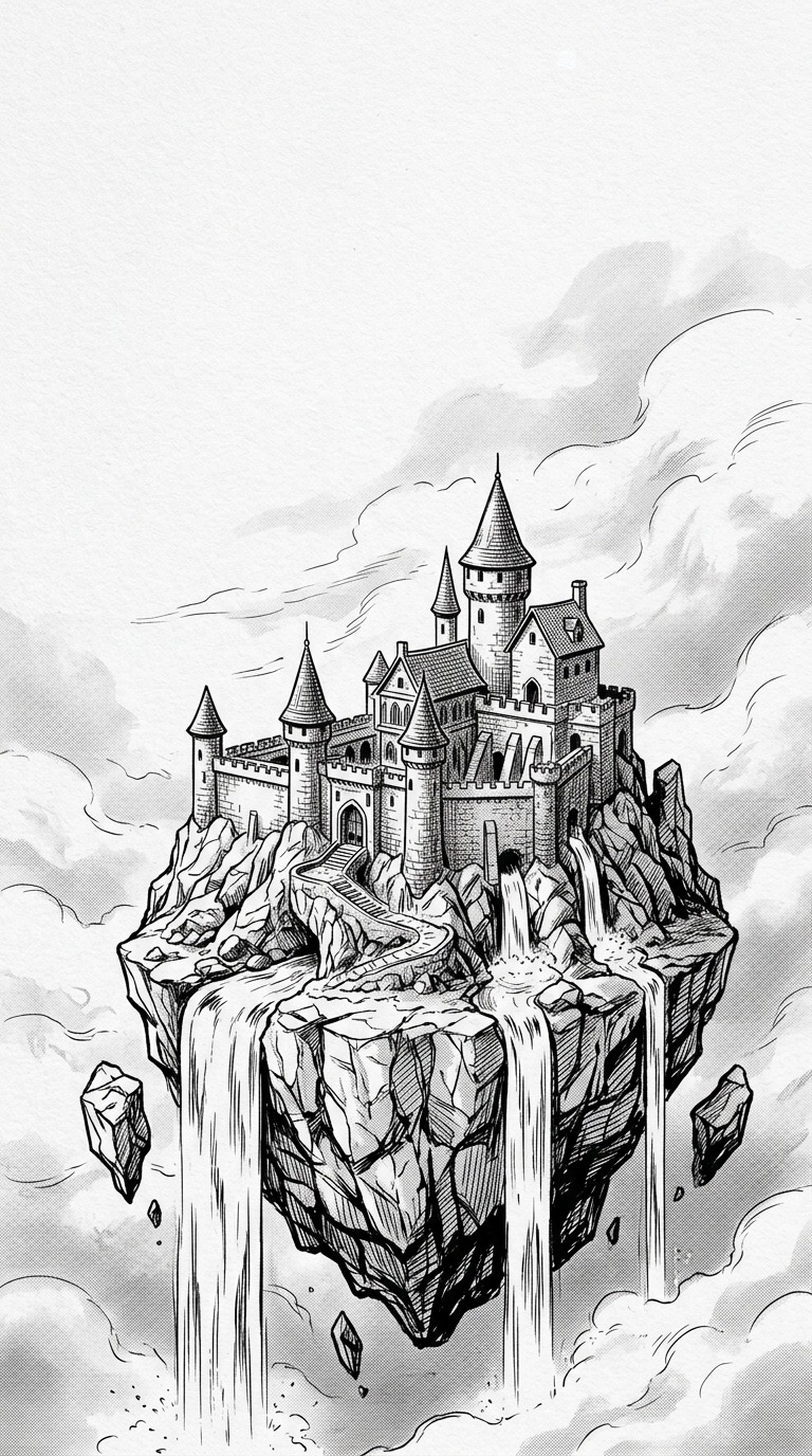 A completely original small castle on a floating rocky island, cascading streams and airy clouds, detailed crosshatched architecture