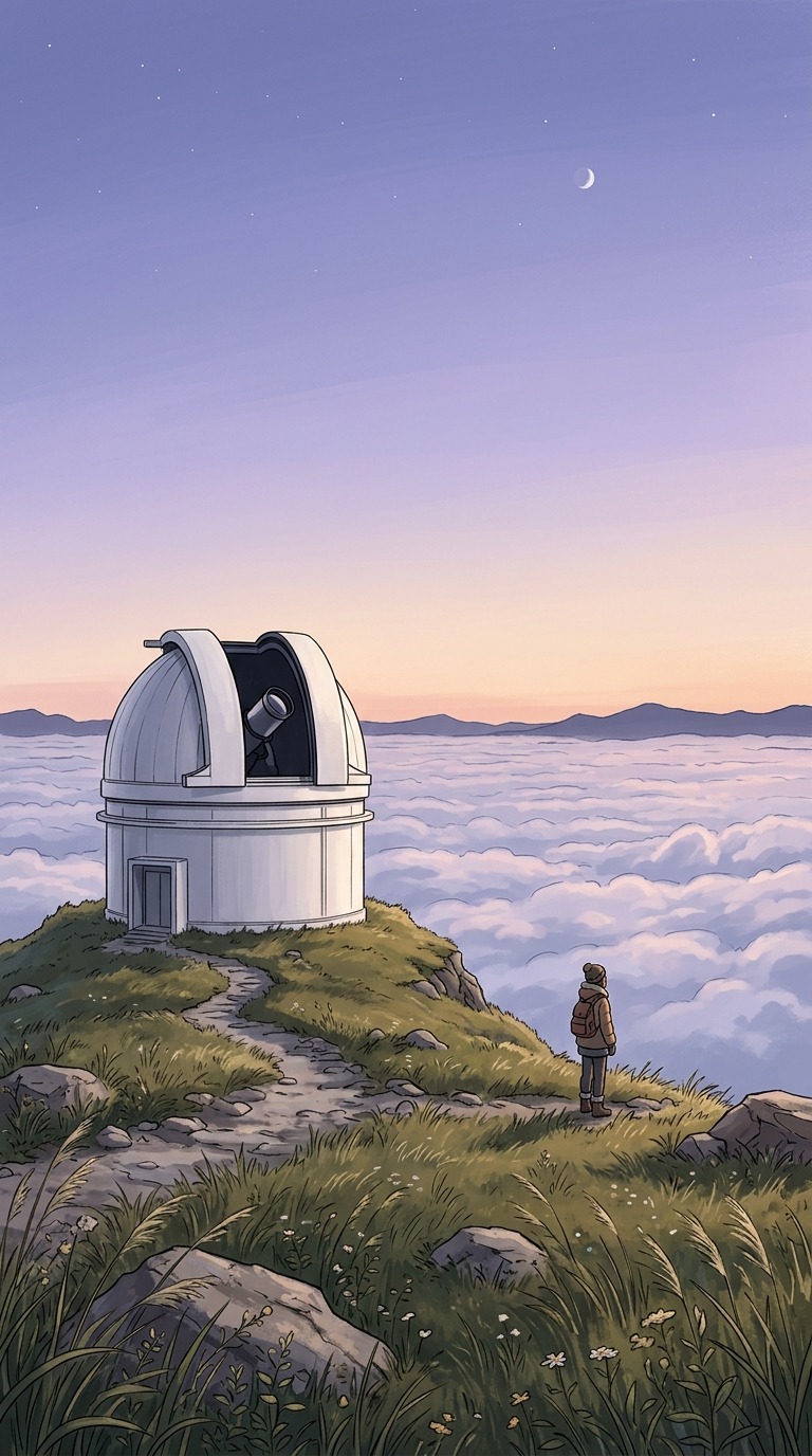 A white domed observatory on a high grassy hill above endless clouds, telescope silhouette inside, pale lavender dawn