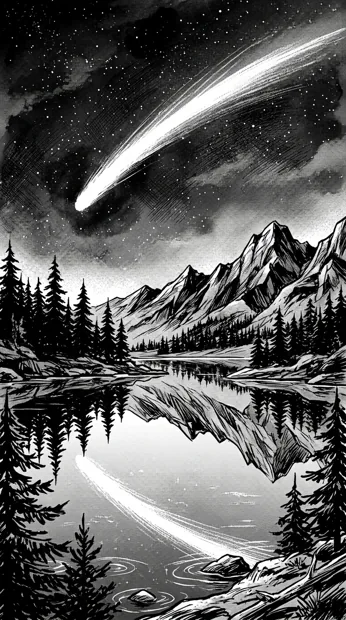 A brilliant white comet crossing a dark ink sky above a calm mountain lake, reflected stars and angular pine silhouettes