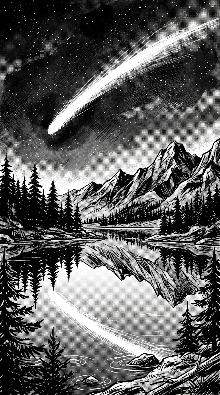 A brilliant white comet crossing a dark ink sky above a calm mountain lake, reflected stars and angular pine silhouettes
