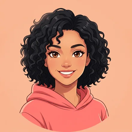 An original adult character with curly black hair and a coral hoodie, bright smile, simple peach background