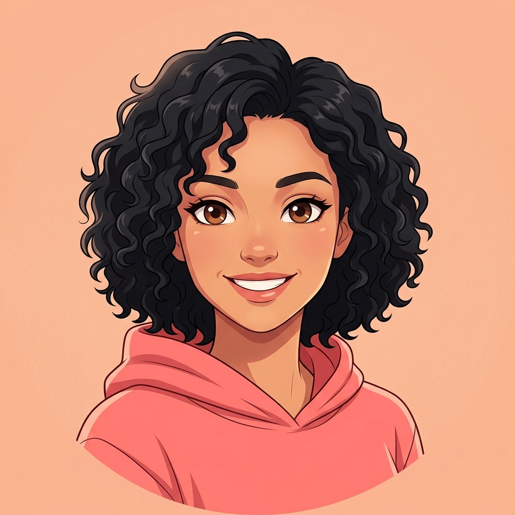 An original adult character with curly black hair and a coral hoodie, bright smile, simple peach background