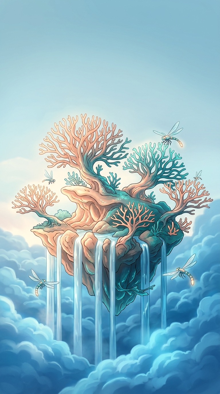 A surreal floating island with coral-like trees and waterfalls suspended over blue clouds, original fantasy wildlife, luminous peach and turquoise colors