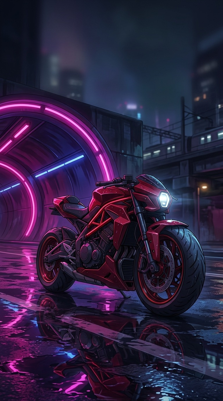 An original futuristic red motorcycle parked beside a neon-lit tunnel entrance, wet road and magenta reflections, no rider, dramatic low-angle view