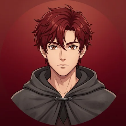An original adult character with tousled dark red hair and a charcoal cloak, composed expression, deep crimson gradient background, no visible weapon