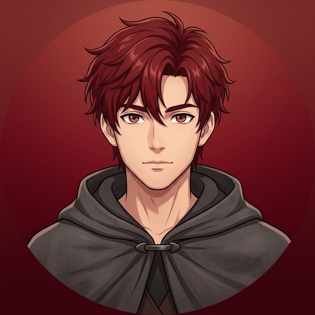 An original adult character with tousled dark red hair and a charcoal cloak, composed expression, deep crimson gradient background, no visible weapon