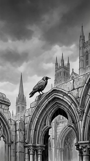 A single crow perched on a gothic stone arch, distant invented cathedral towers, moody clouds and detailed stone textures