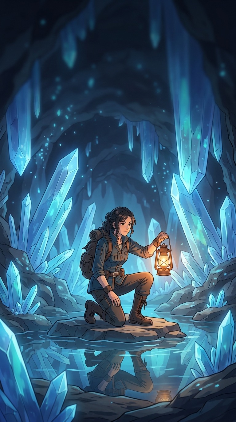 An original adult explorer holding a lantern inside a cavern of enormous blue crystals, reflections in shallow water, magical cool lighting