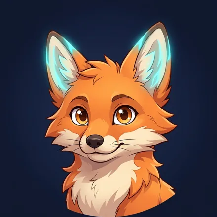 An original cute orange fox companion with small cyan glowing ear accents, curious face, dark navy background and clean expressive eyes