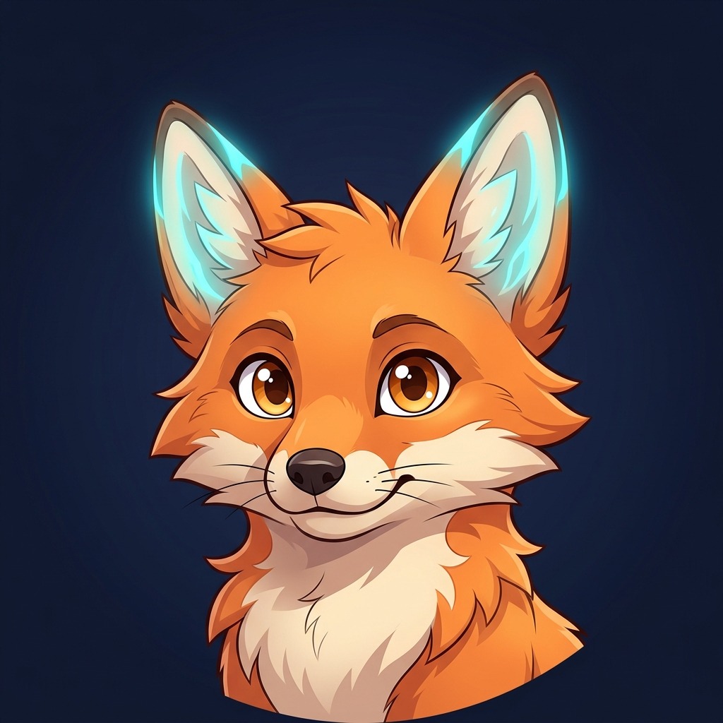 An original cute orange fox companion with small cyan glowing ear accents, curious face, dark navy background and clean expressive eyes
