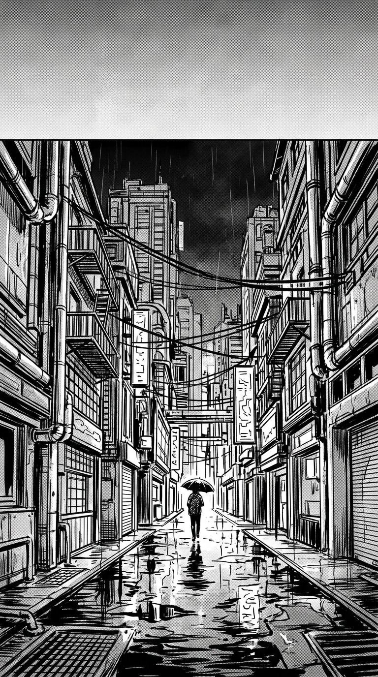 An empty futuristic street with tall buildings, pipes and cables, rain reflections rendered in crisp black-and-white ink, no lettering
