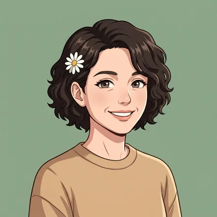 An original adult woman with a short dark curly haircut and a single white daisy hair clip, warm smile, sage-green background