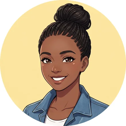 An original adult woman with dark skin and braided hair tied into a bun, denim collar, bright joyful smile, pale yellow background