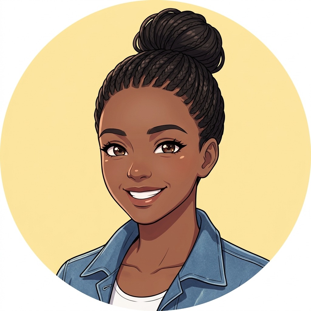 An original adult woman with dark skin and braided hair tied into a bun, denim collar, bright joyful smile, pale yellow background