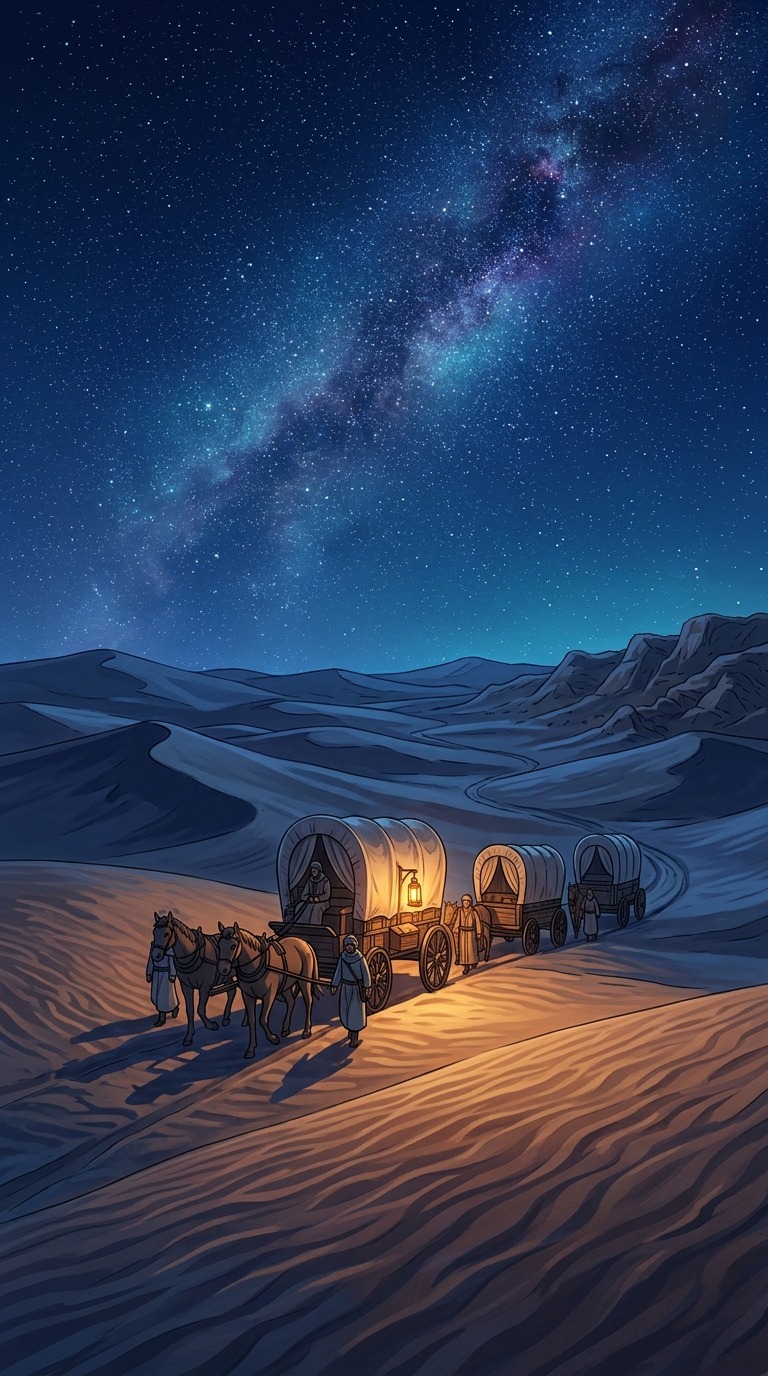 An original small caravan crossing quiet desert dunes beneath a dense star field, one glowing lantern, indigo shadows and warm sand