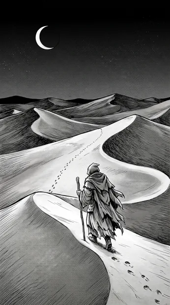 An original adult cloaked traveler walking over immense sand dunes, narrow crescent moon and a thin trail of footprints
