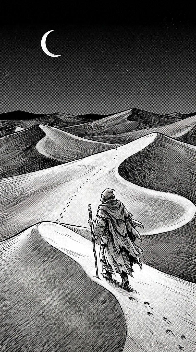 An original adult cloaked traveler walking over immense sand dunes, narrow crescent moon and a thin trail of footprints